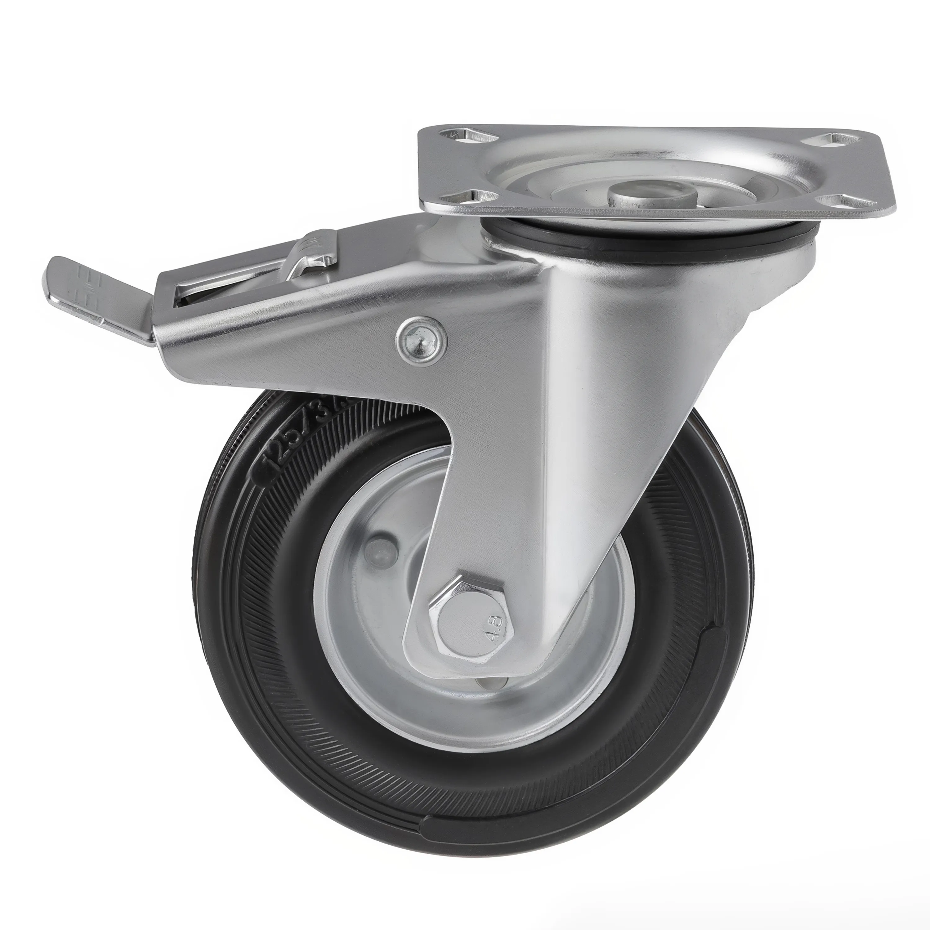 Промышленное усиленное колесо, диаметр 125мм, крепление-поворотная площадка, с тормозом, черная резина, роликовый подшипник - SRCb 55