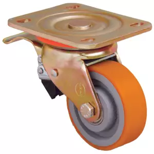 Полиуретановое колесо поворотное с с тормозом VB 200 мм, 900 кг (обод - чугун, шарикоподшипник)