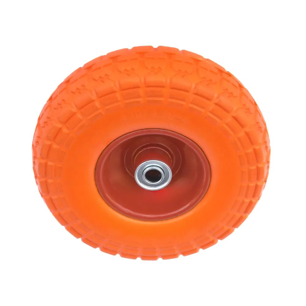 PU 1802-16 - Колесо для тачки / тележки полиуретановое бескамерное 4.10/3.50-4, сварной диск, диаметр 260 мм, ось 16 мм, металлический обод, симметричная ступица, шариковый подшипник