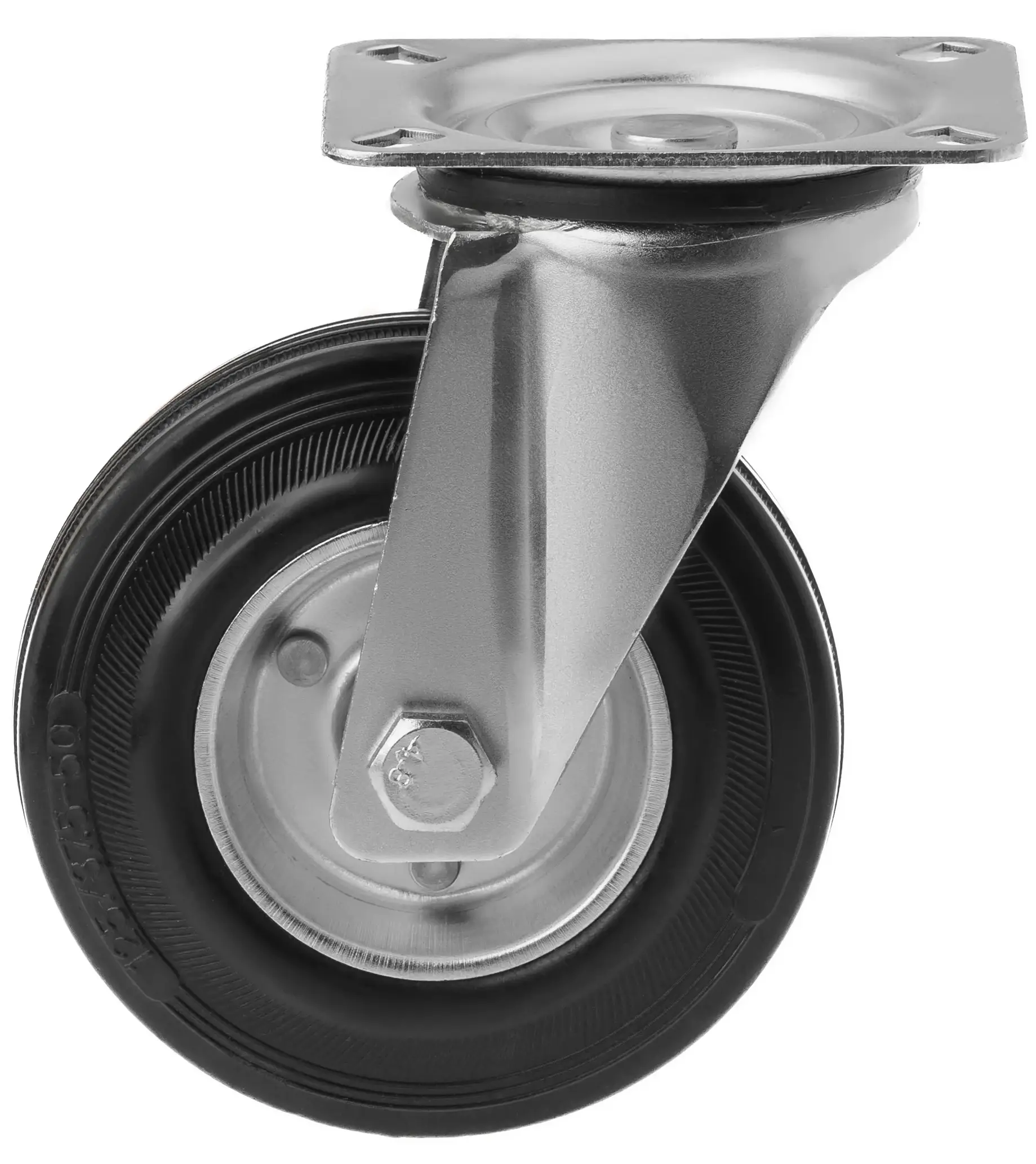 Промышленное усиленное колесо, диаметр 125мм, крепление-поворотная площадка, черная резина, роликовый подшипник - SRC 55