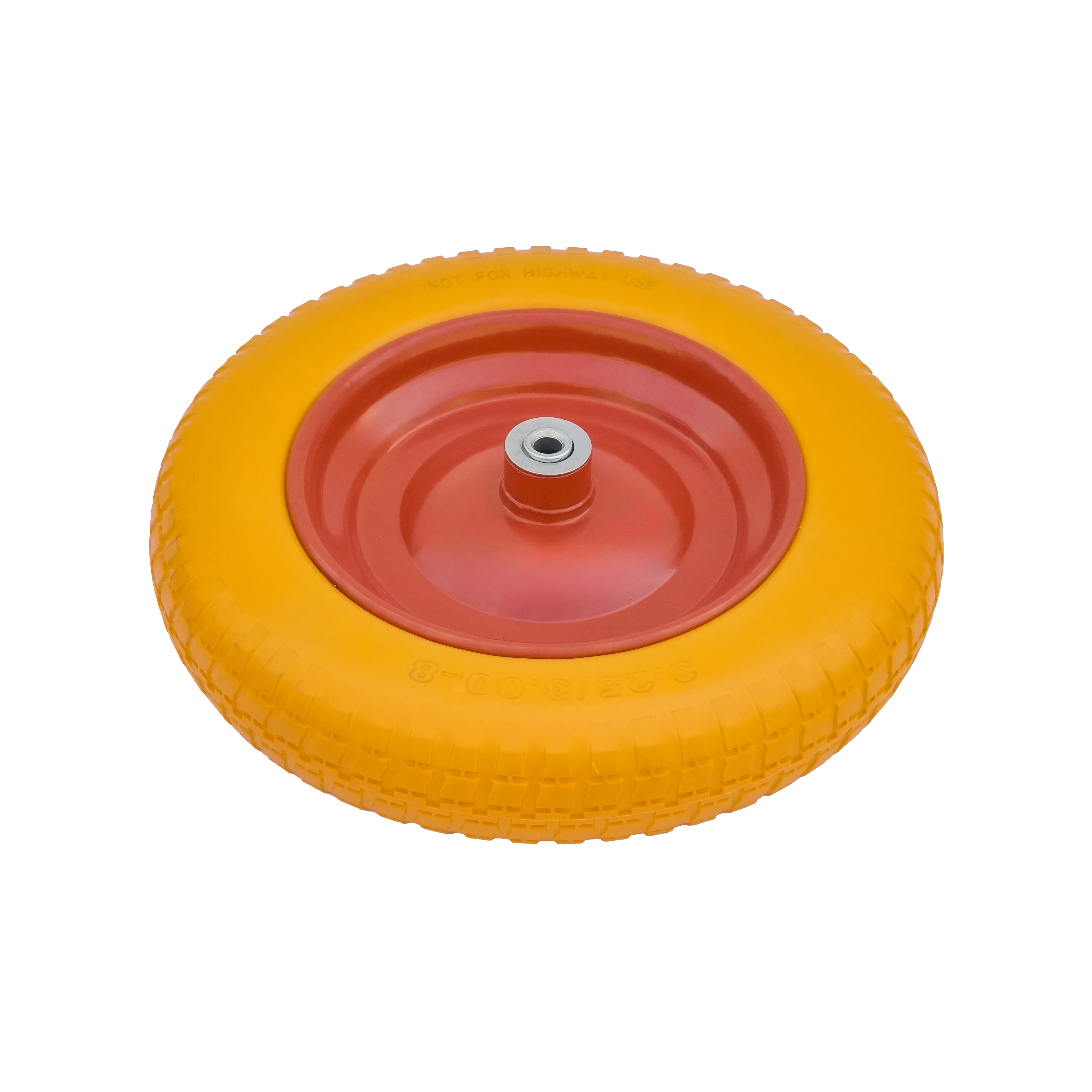PU 2404-12 - Колесо для тачки / тележки полиуретановое бескамерное 3.25/3.00-8, сварной диск, диаметр 360 мм, ось 12 мм, металлический обод, симметричная ступица, шариковый подшипник