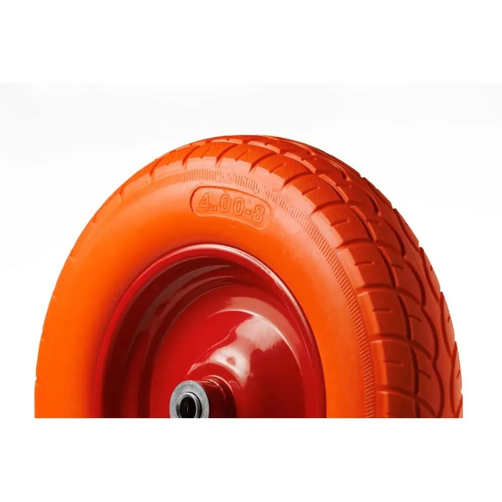PU 3000-16 - Колесо для тачки / тележки полиуретановое бескамерное 4.00-8, диаметр 380 мм, ось 16 мм, металлический обод, симметричная ступица, шариковый подшипник