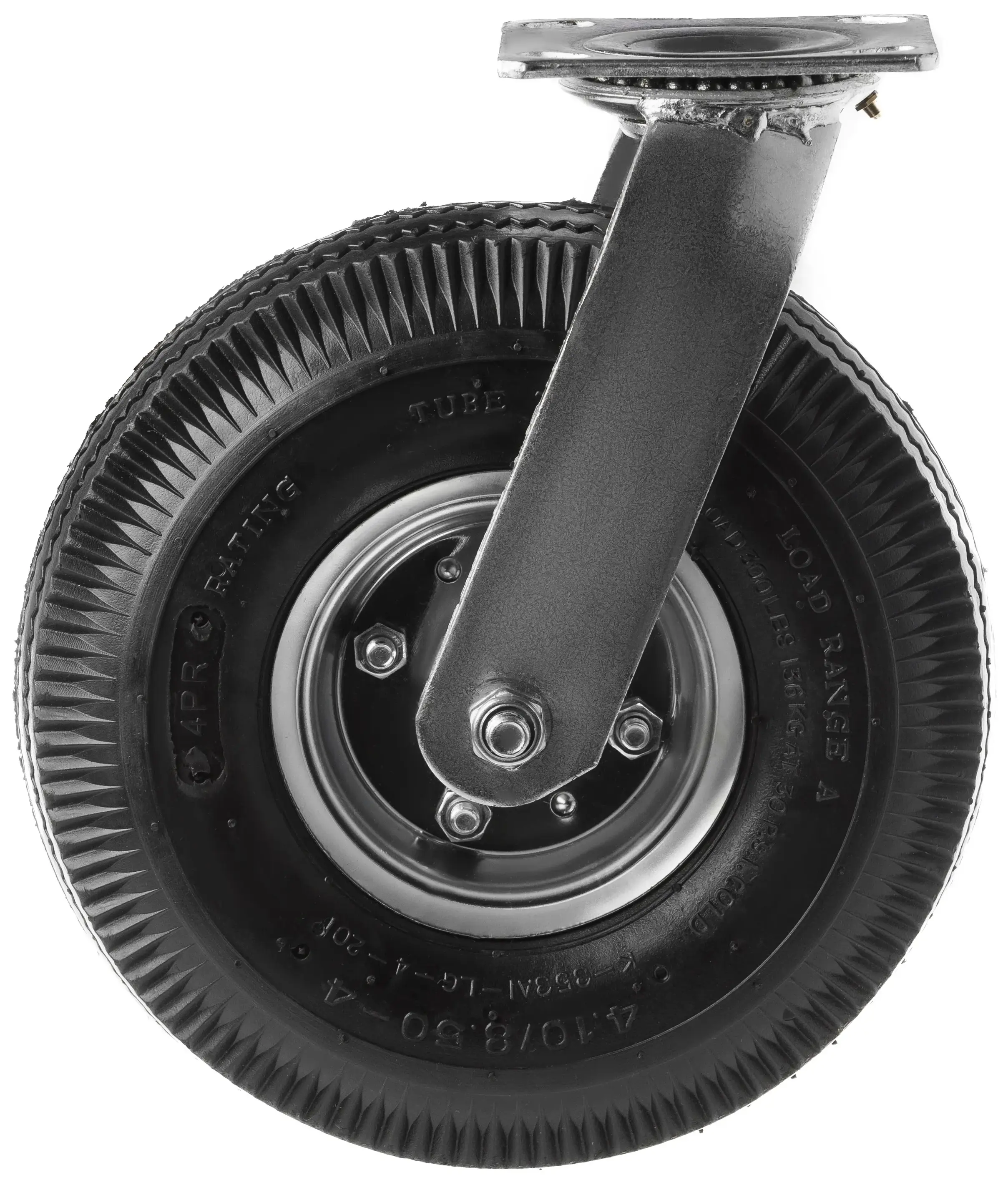 PRS 85 - Пневматическое колесо поворотное, мет. обод, крепление площадка, 266 мм