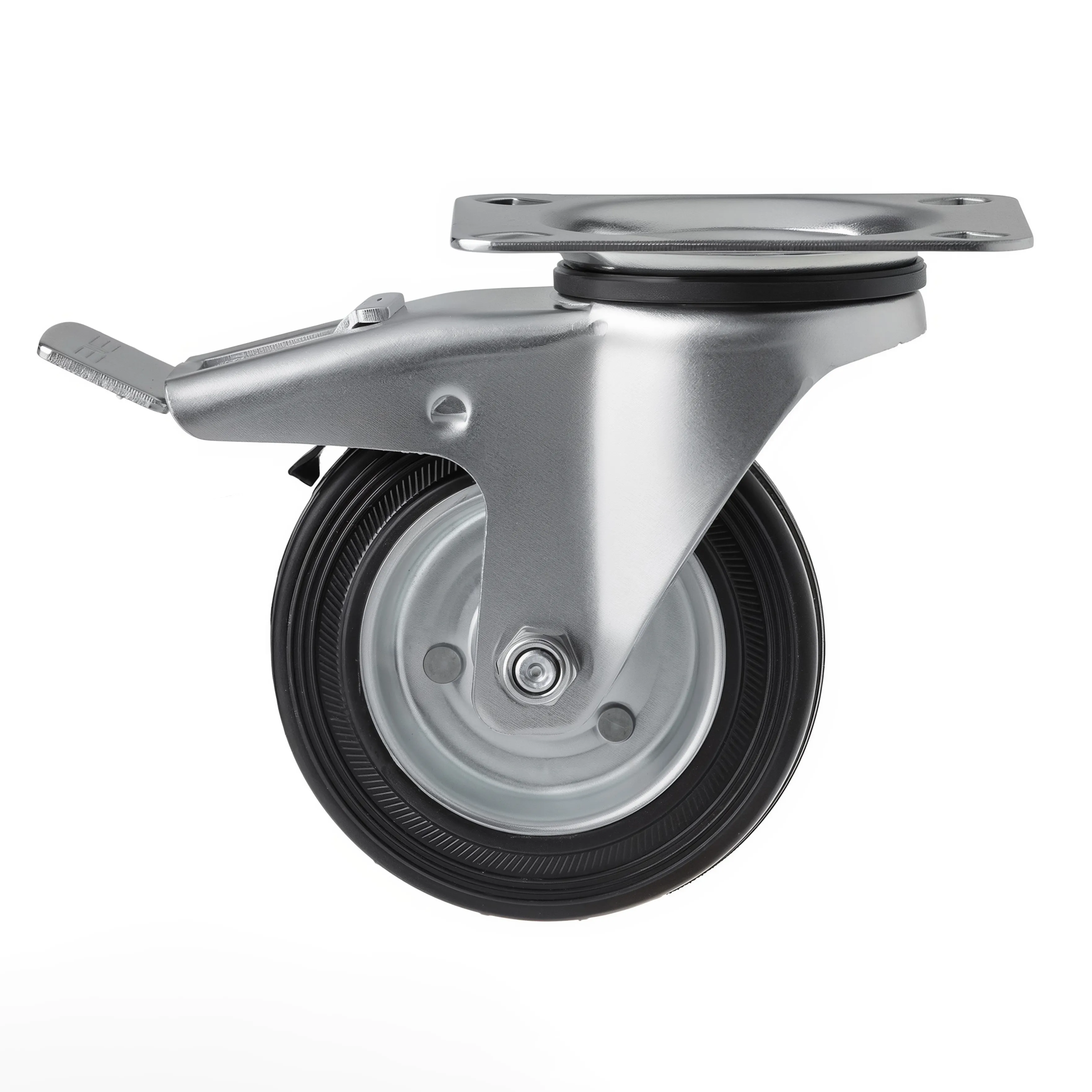 Промышленное усиленное колесо, диаметр 100мм, крепление-поворотная площадка, с тормозом, черная резина, роликовый подшипник - SRCb 42