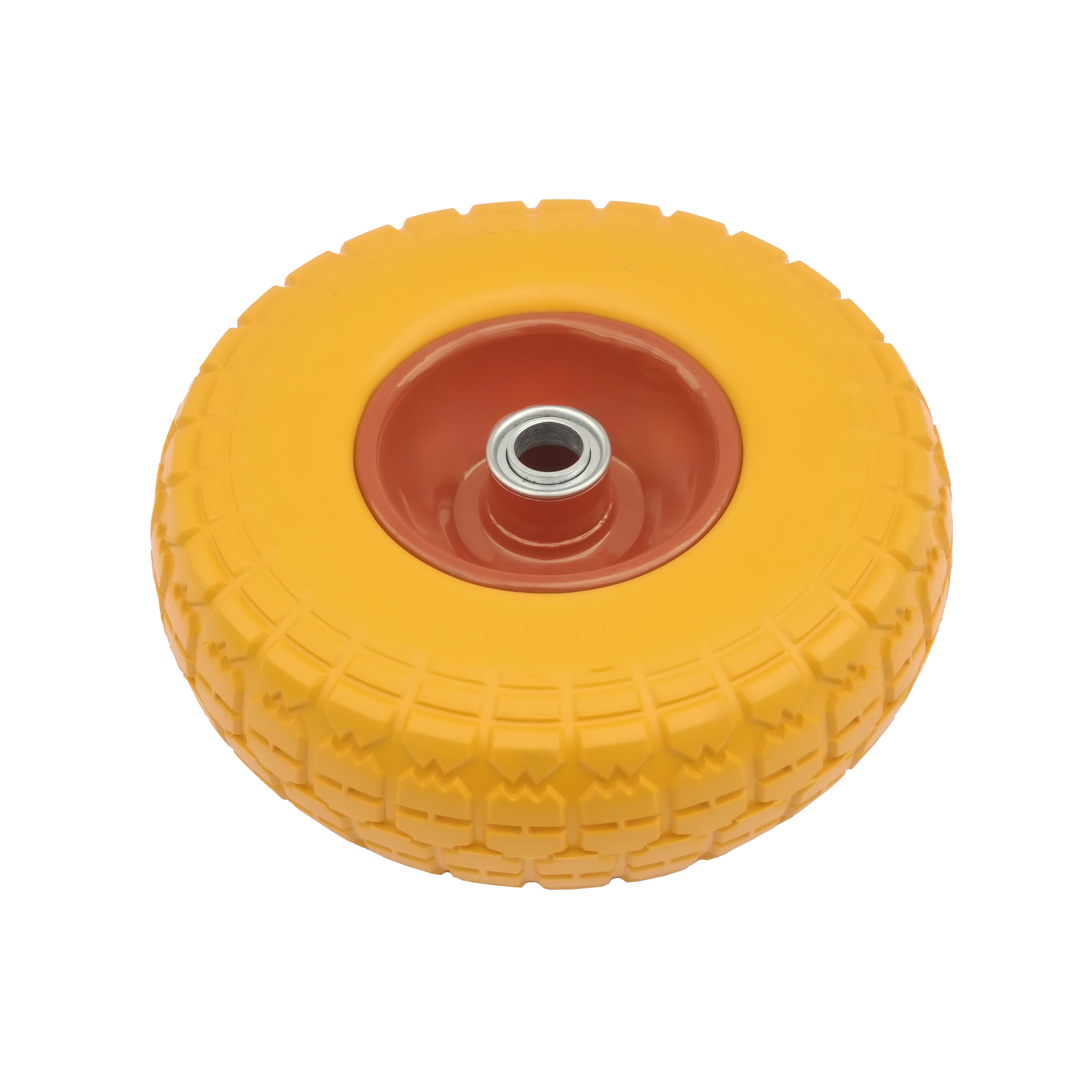 PU 1802-20 - Колесо для тачки / тележки полиуретановое бескамерное 4.10/3.50-4, сварной диск, диаметр 260 мм, ось 20 мм, металлический обод, симметричная ступица, шариковый подшипник