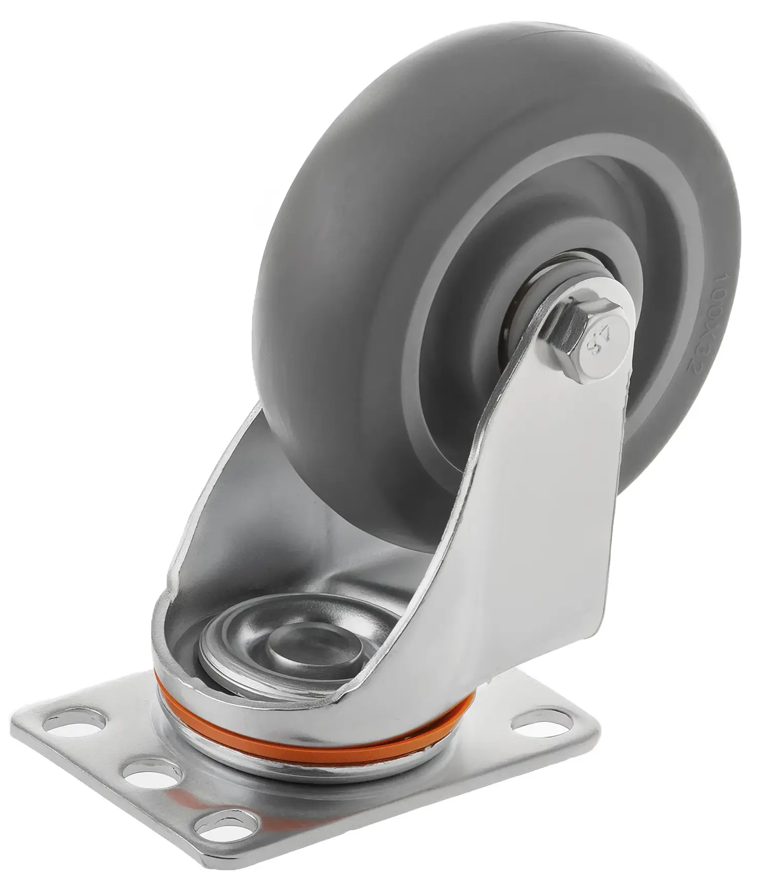 Аппаратное колесо из термопластичной резины 100 мм (поворотная площадка, серое, полипропиленовый обод, дв. шарикоподшипник) - 340100S