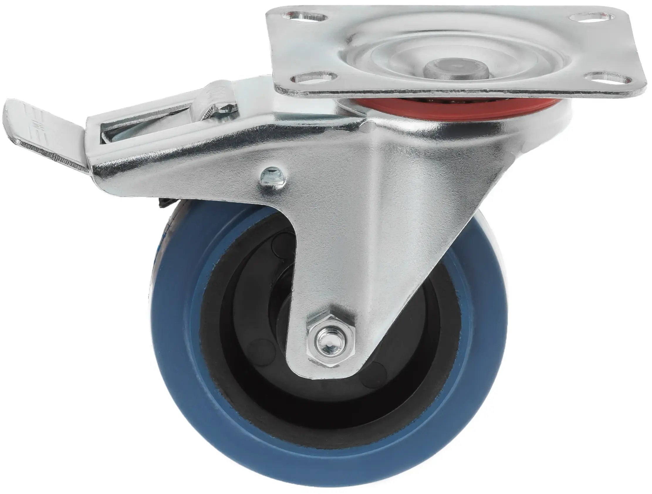 Колесо поворотное с тормозом, диаметр 100 мм, платформенное крепление, синяя резина - SCLb 42