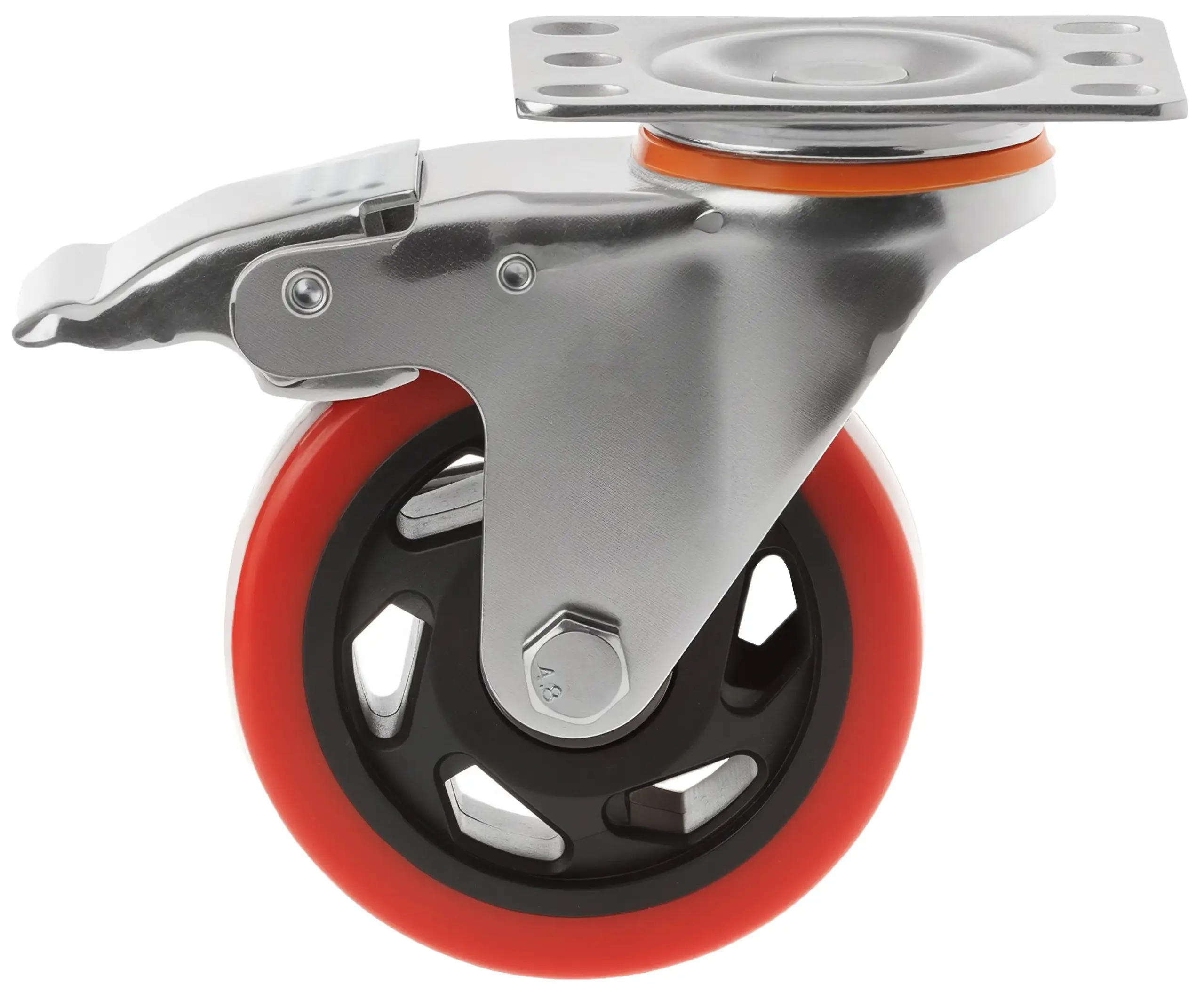 Полипропиленовое красное колесо 100 мм (поворотная площадка, тормоз, двойной шарикоподшипник) - 330100Sb