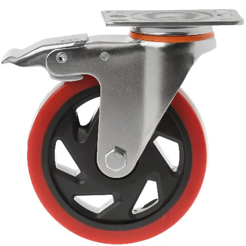 Полиуретановое колесо красное 125 мм (поворотная площадка, тормоз, двойной шарикоподшипник) - 330125Sb