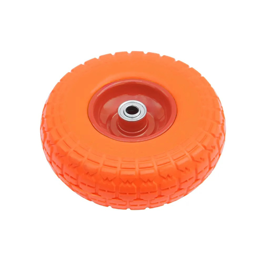 PU 1802-16 - Колесо для тачки / тележки полиуретановое бескамерное 4.10/3.50-4, сварной диск, диаметр 260 мм, ось 16 мм, металлический обод, симметричная ступица, шариковый подшипник
