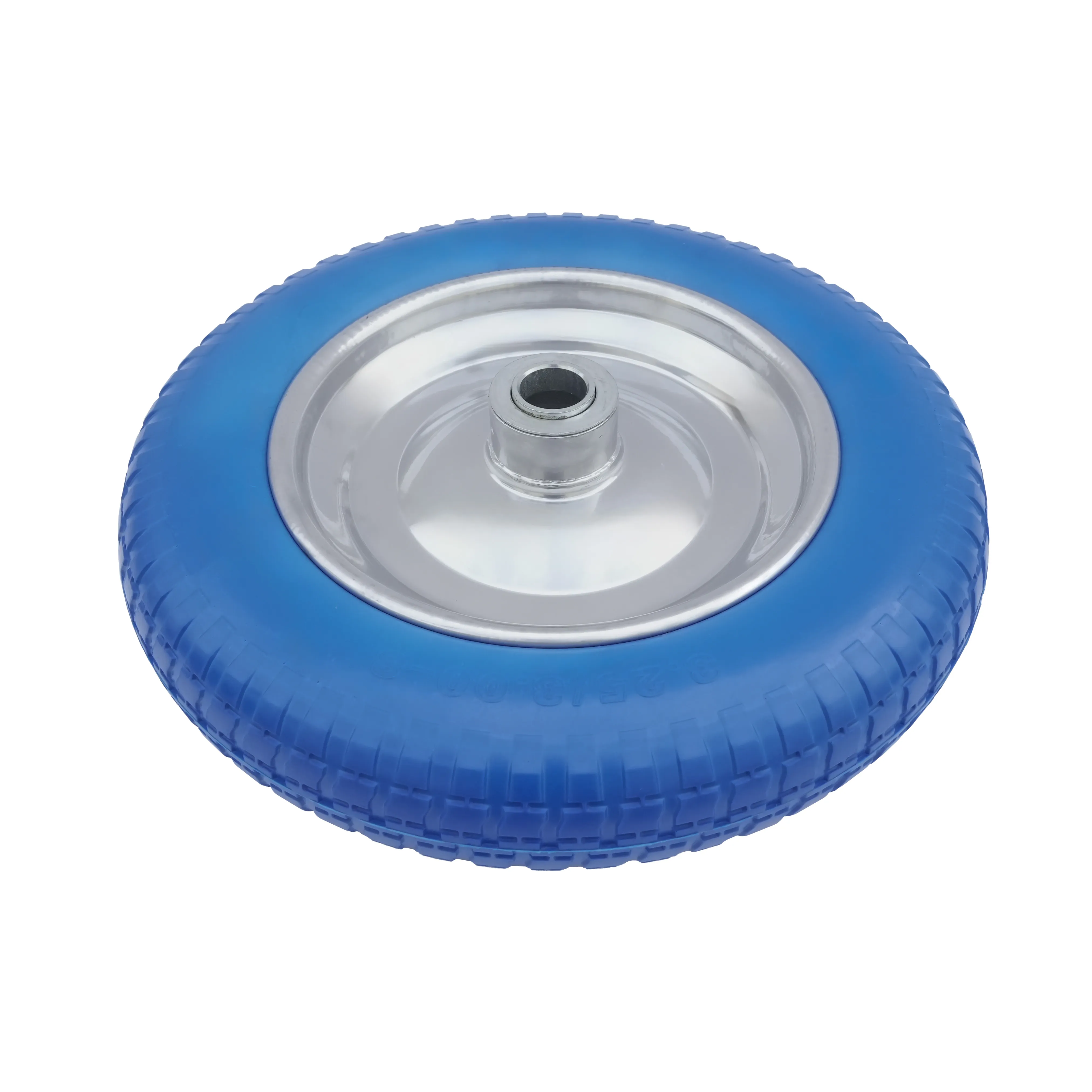 PU 2402-25 - Колесо для тачки / тележки полиуретановое бескамерное 3.25/3.00-8, сварной диск, диаметр 350 мм, ось 25 мм, металлический обод, симметричная ступица, шариковый подшипник