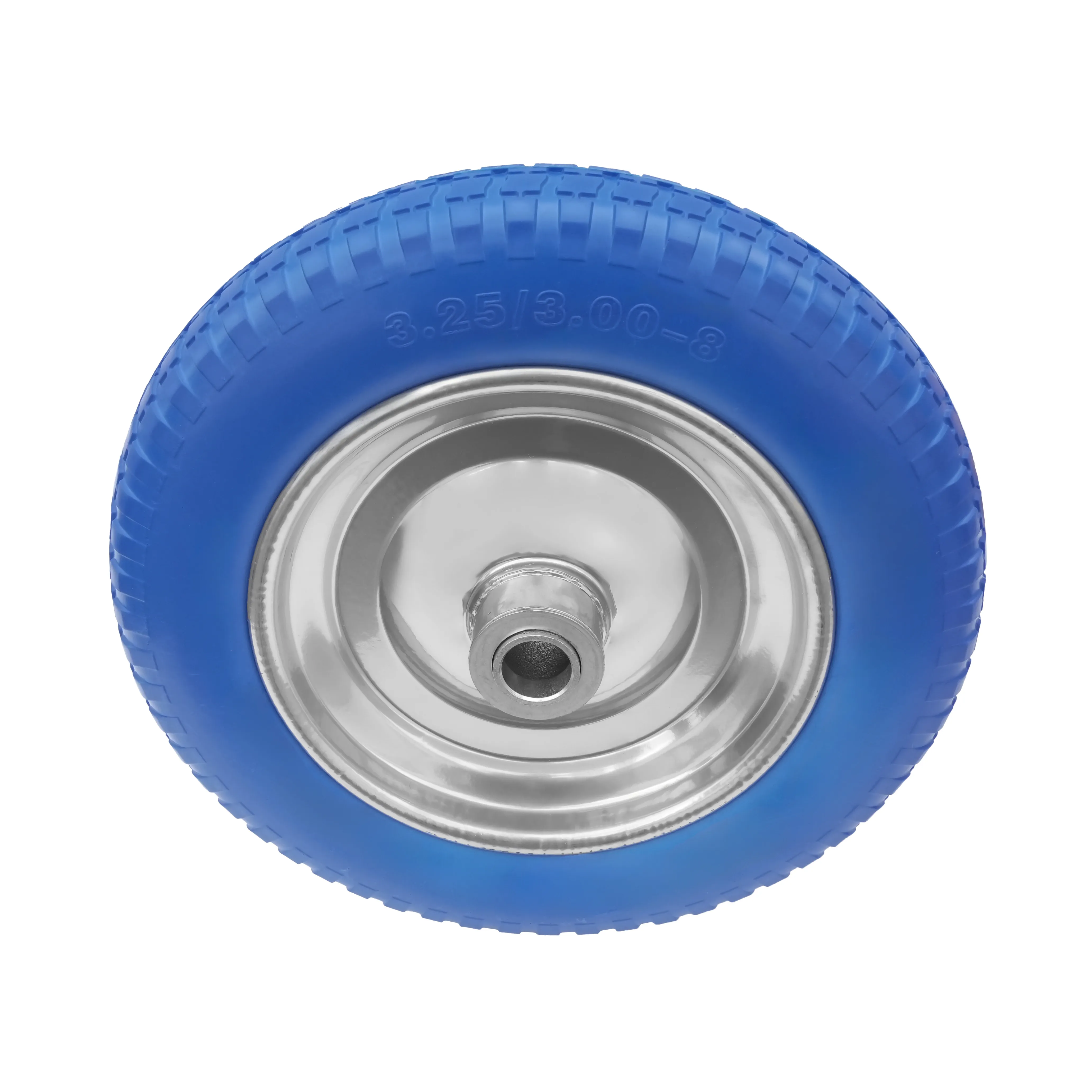 PU 2402-25 - Колесо для тачки / тележки полиуретановое бескамерное 3.25/3.00-8, сварной диск, диаметр 350 мм, ось 25 мм, металлический обод, симметричная ступица, шариковый подшипник
