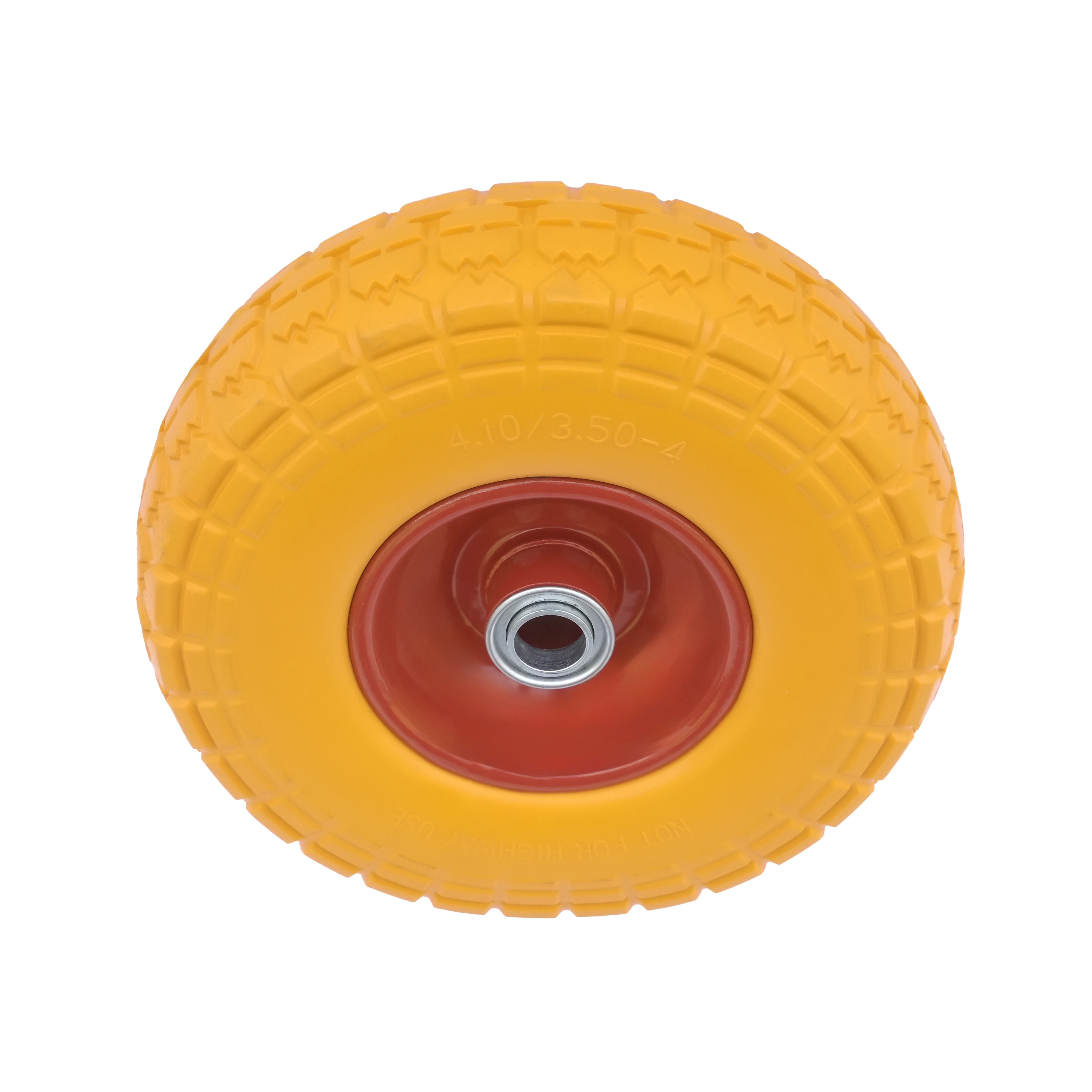 PU 1802-20 - Колесо для тачки / тележки полиуретановое бескамерное 4.10/3.50-4, сварной диск, диаметр 260 мм, ось 20 мм, металлический обод, симметричная ступица, шариковый подшипник